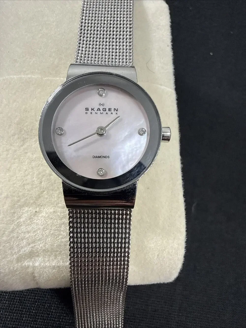 Womens Skagen Denmark Ultra Slim Mother Of Pearl Dial Diamond Accent Minimalist